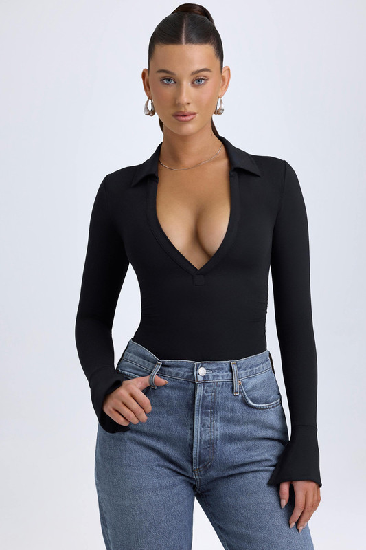Modal Plunge V-Neck Bodysuit in Black - Size:L